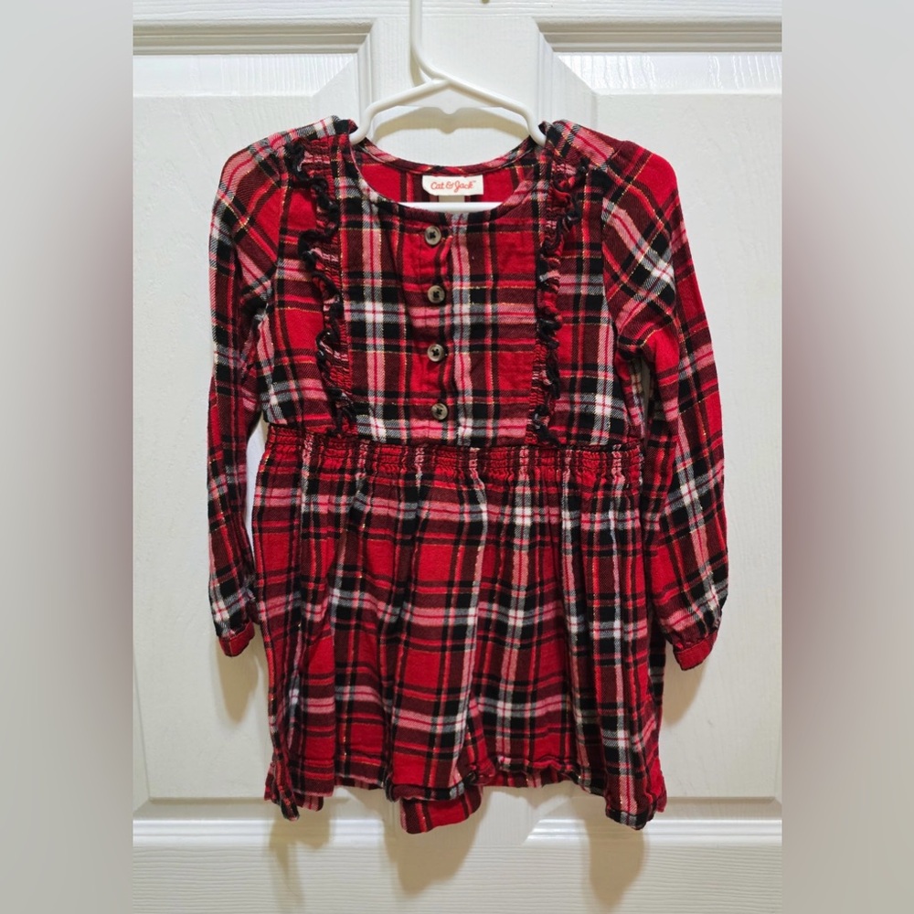 Cat & Jack Red Plaid Ruffle Girls Dress Long Sleeve Button Front Size 3T